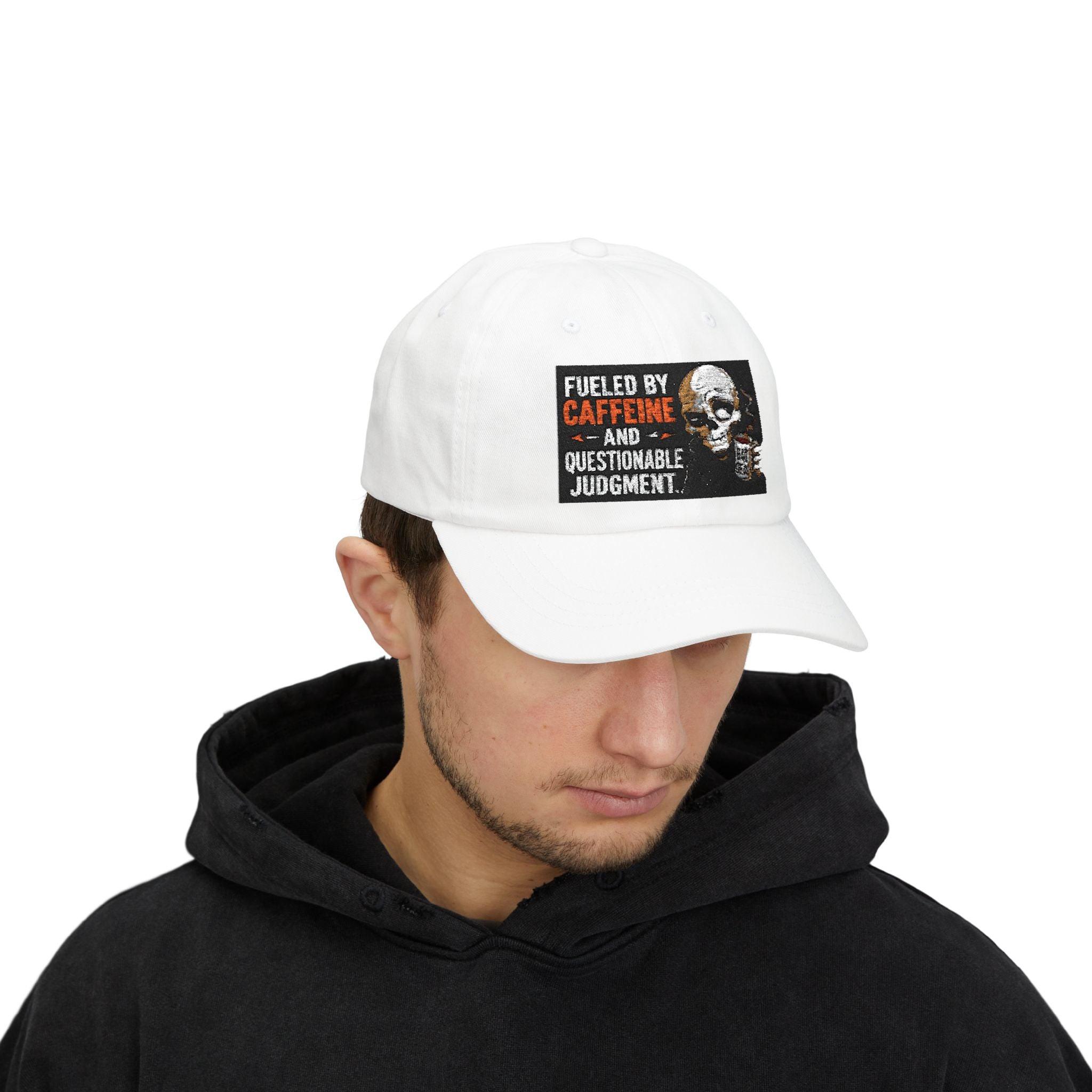 Classic Dad Cap - "Fueled by Caffeine and Questionable Judgment" Embroidered Skull Coffee Hat