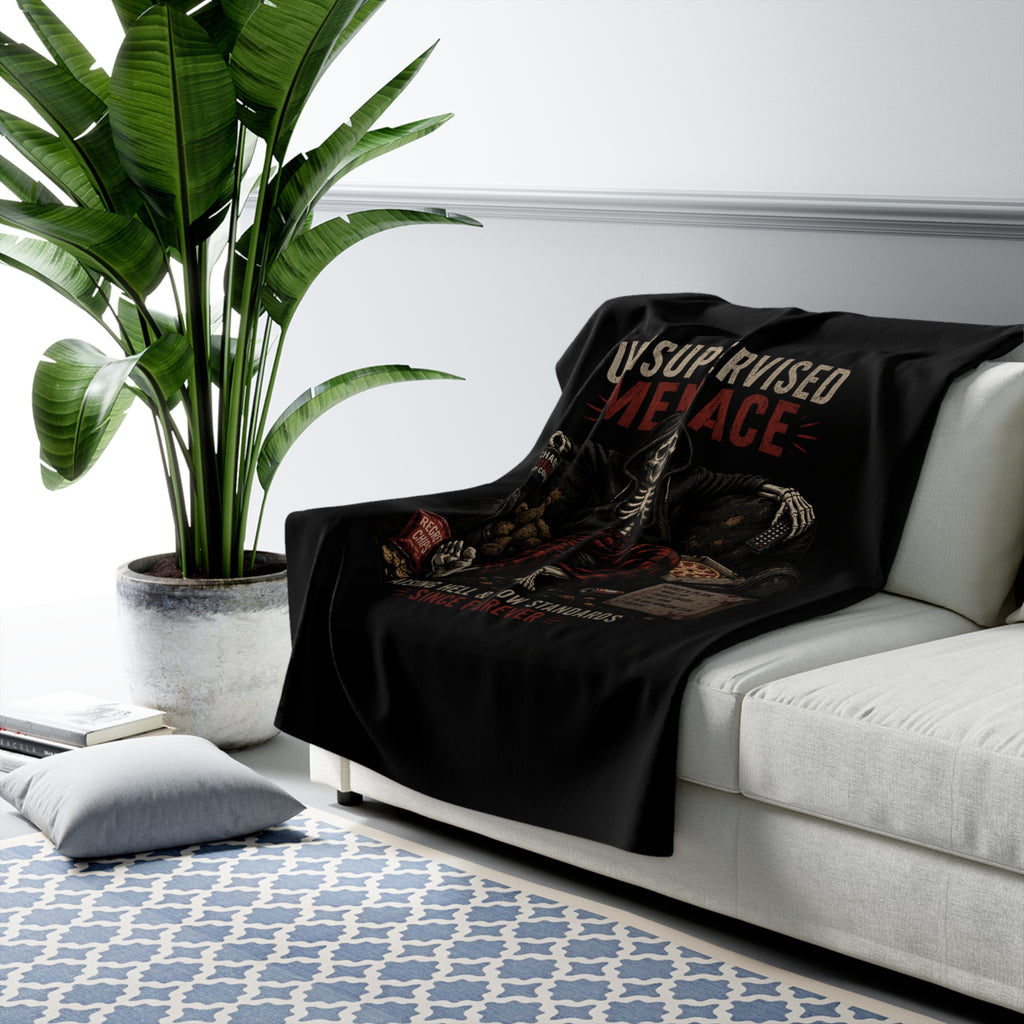 Sherpa Fleece Blanket — "Unsupervised Menace" Skeleton Lounge Throw (Cozy Gothic Gift)