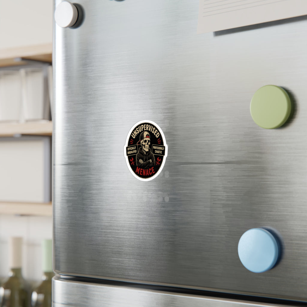 Unsupervised Menace Skull Sticker — Kiss-Cut Vinyl Decal (“Officially Unqualified, Professionally Chaotic”)