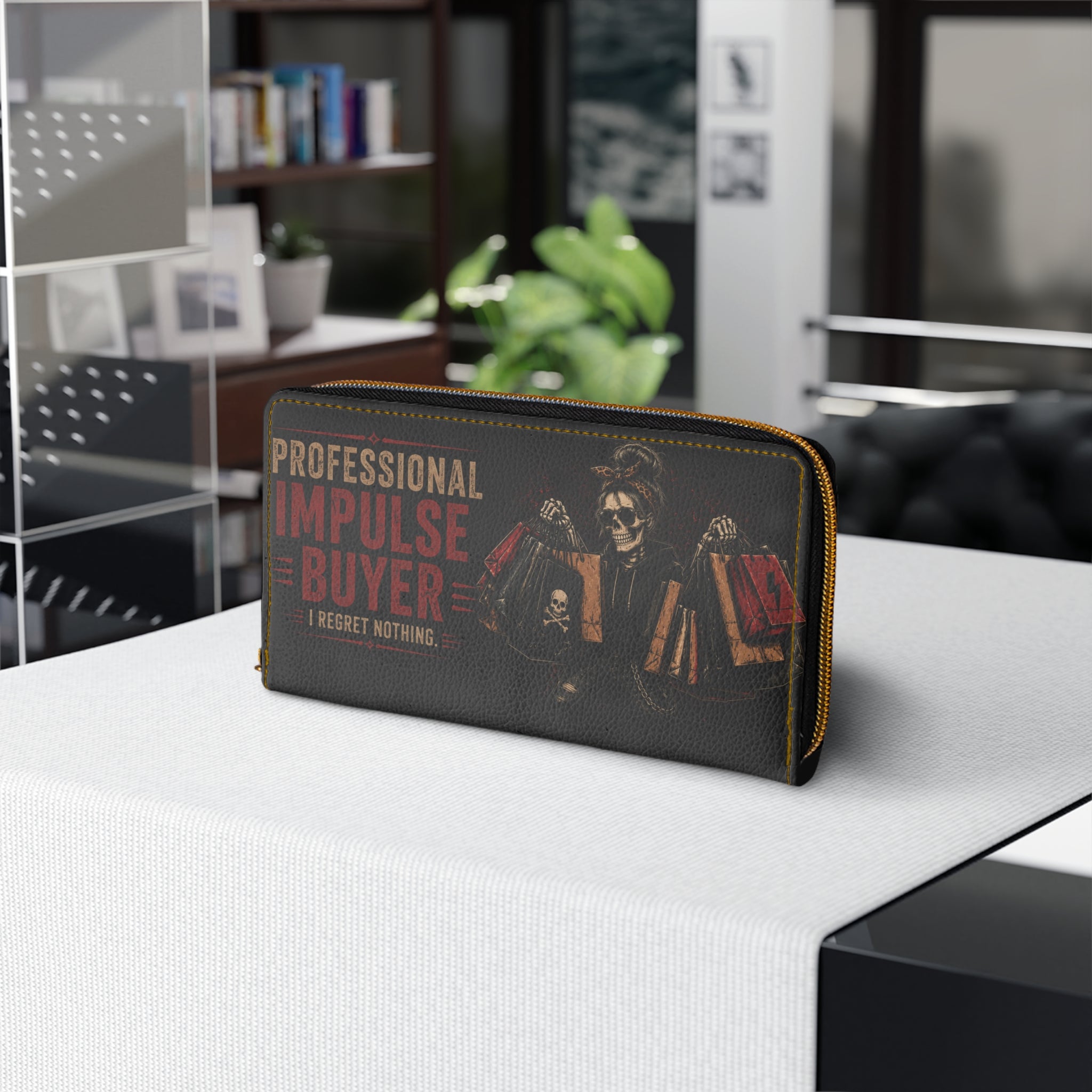 Zipper Wallet — “Professional/Certified Impulse Buyer” Skull Design