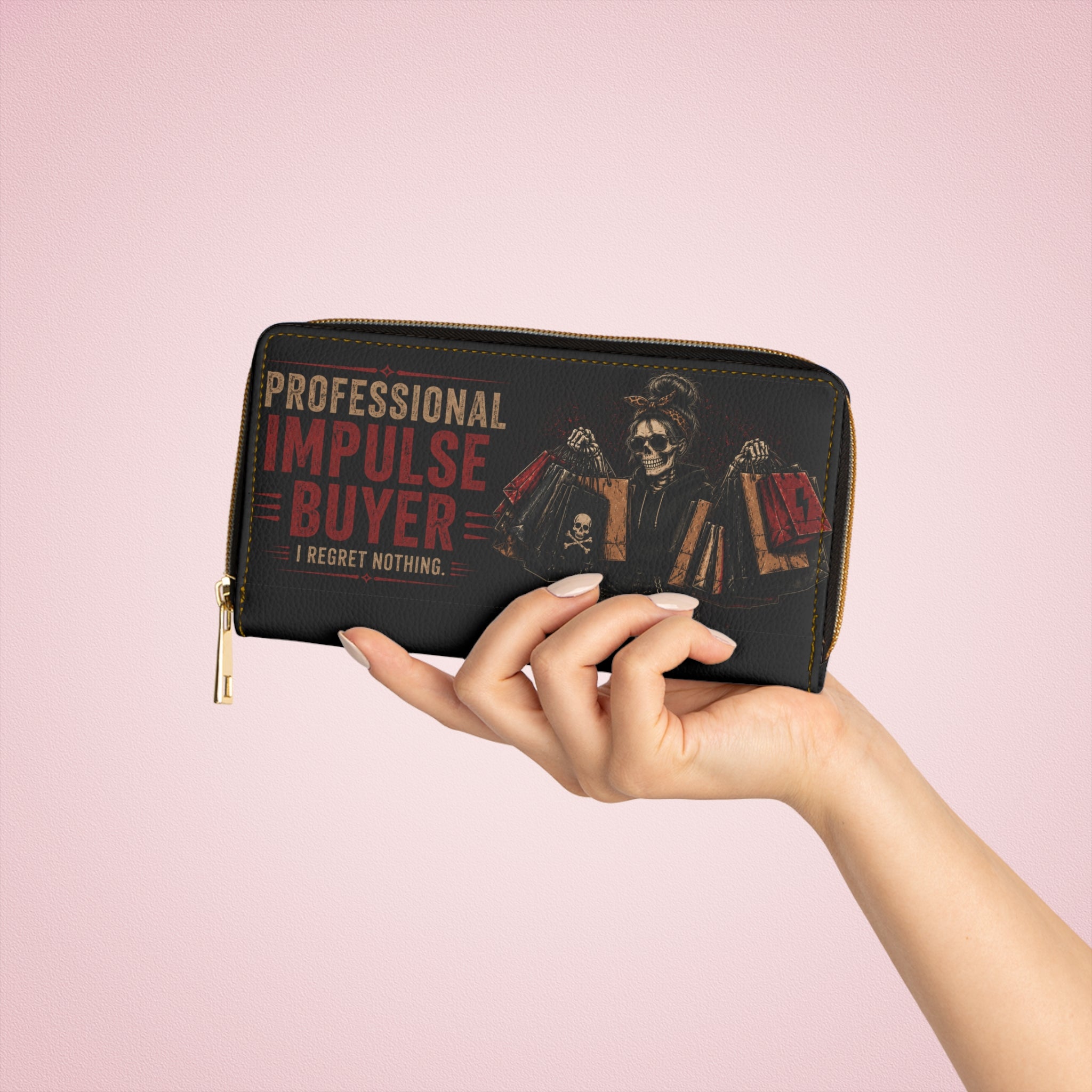 Zipper Wallet — “Professional/Certified Impulse Buyer” Skull Design