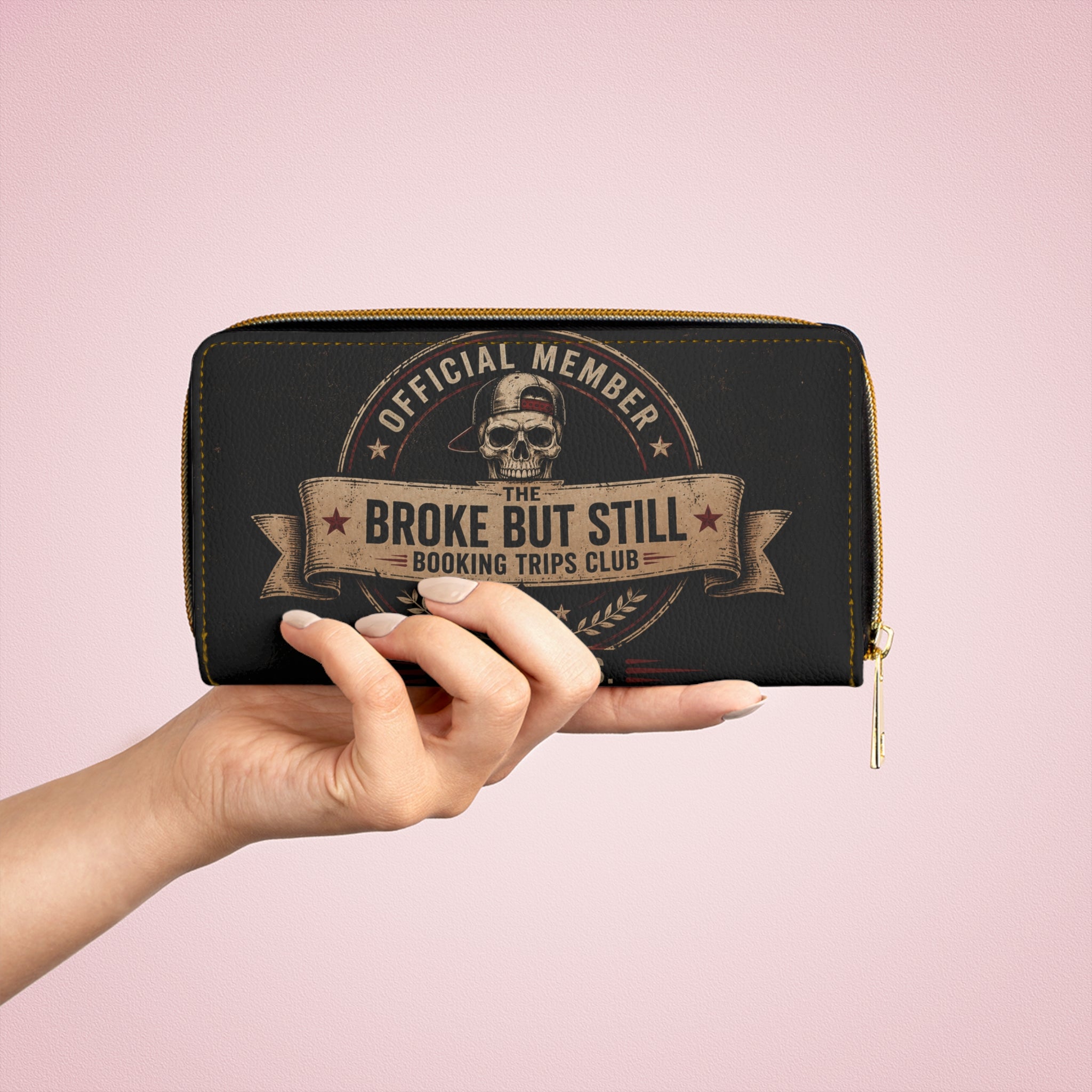 Zipper Wallet — 'Financially Questionable / Broke But Still Booking Trips' Skull Travel Wallet