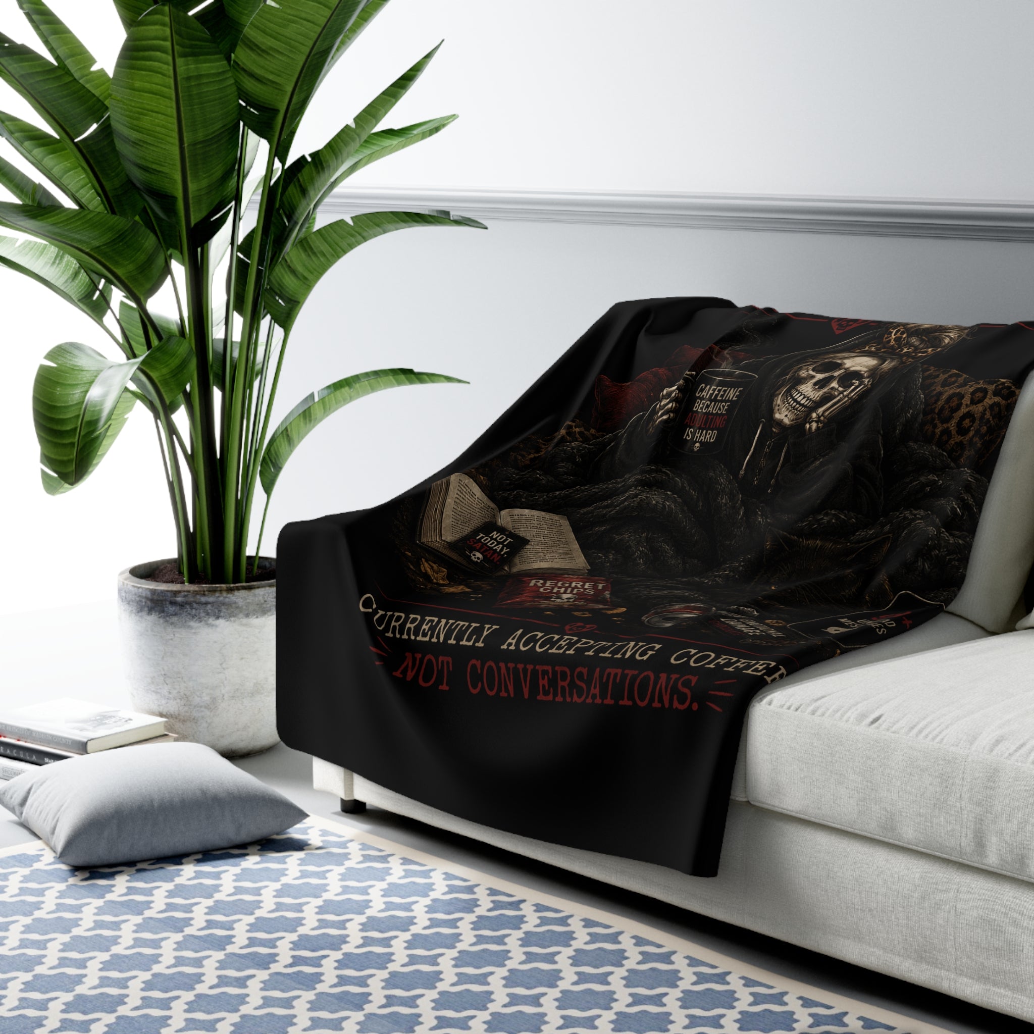 Sherpa Fleece Blanket — "Emotionally Unavailable" Skull Coffee Graphic Throw