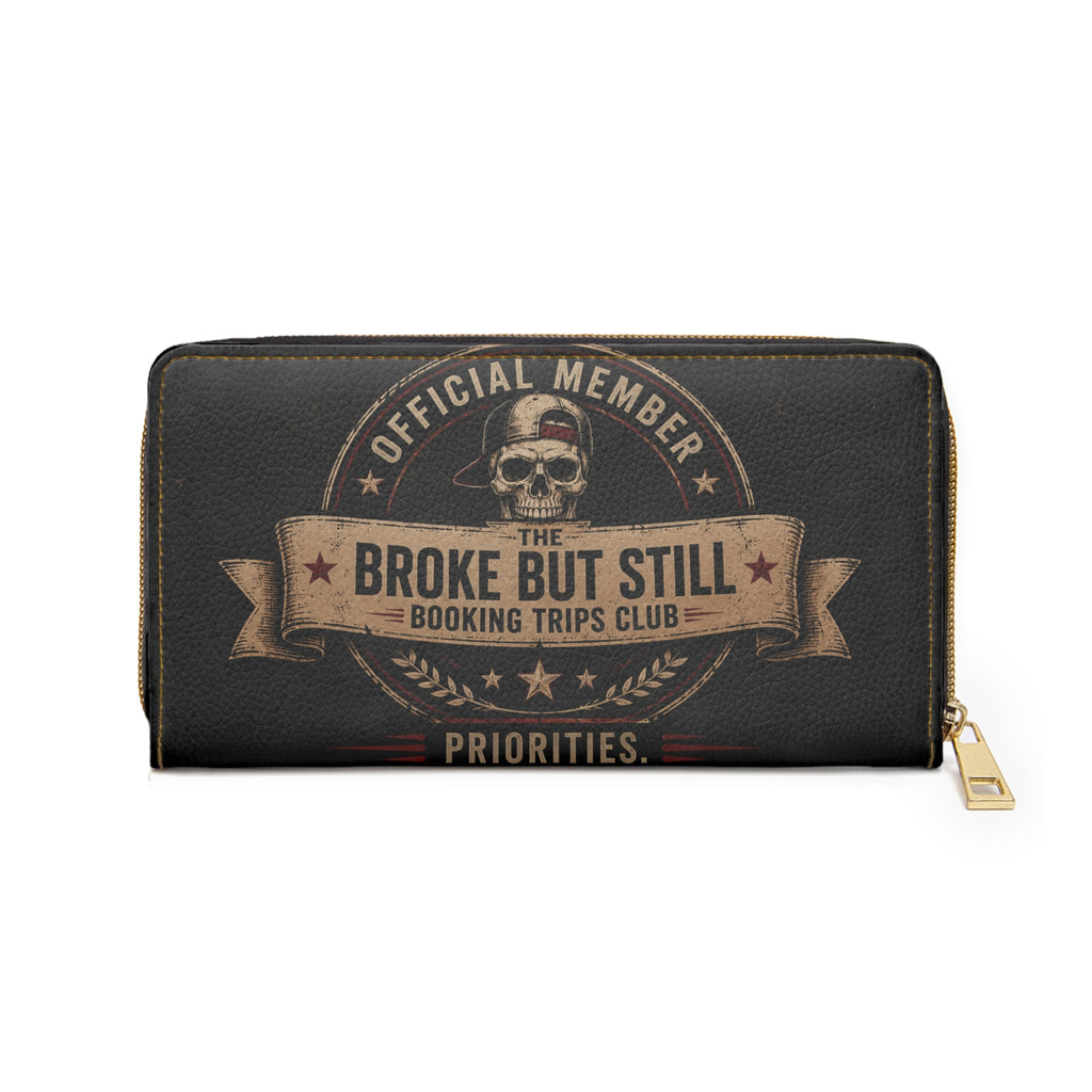 Zipper Wallet — 'Financially Questionable / Broke But Still Booking Trips' Skull Travel Wallet