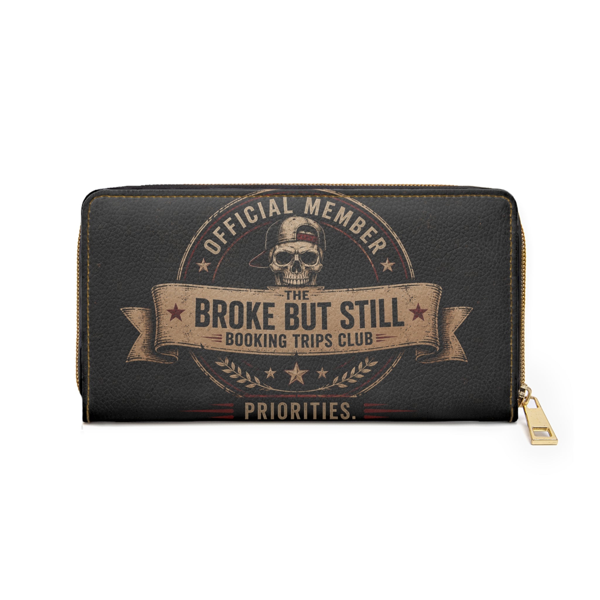Zipper Wallet — 'Financially Questionable / Broke But Still Booking Trips' Skull Travel Wallet