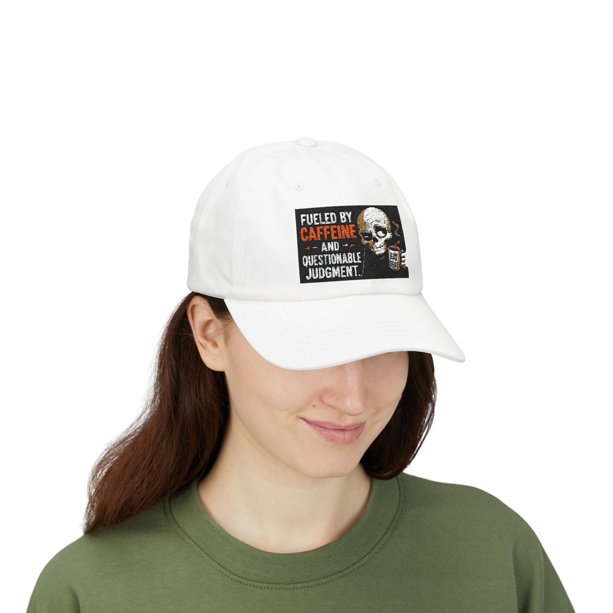Classic Dad Cap - "Fueled by Caffeine and Questionable Judgment" Embroidered Skull Coffee Hat