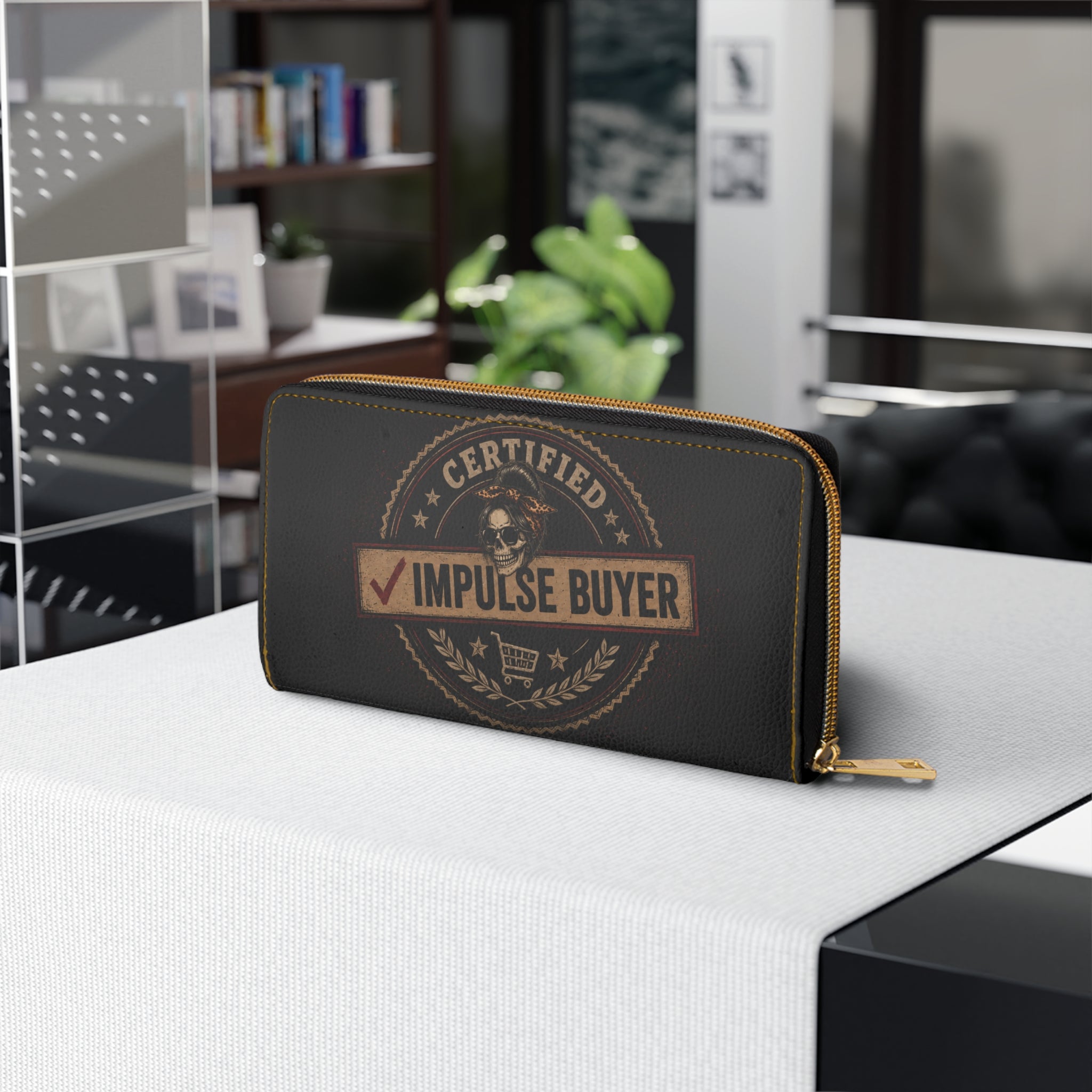 Zipper Wallet — “Professional/Certified Impulse Buyer” Skull Design