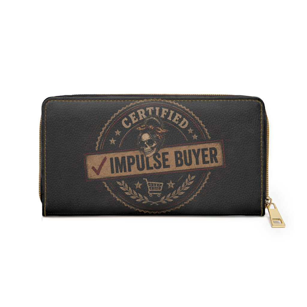 Zipper Wallet — “Professional/Certified Impulse Buyer” Skull Design