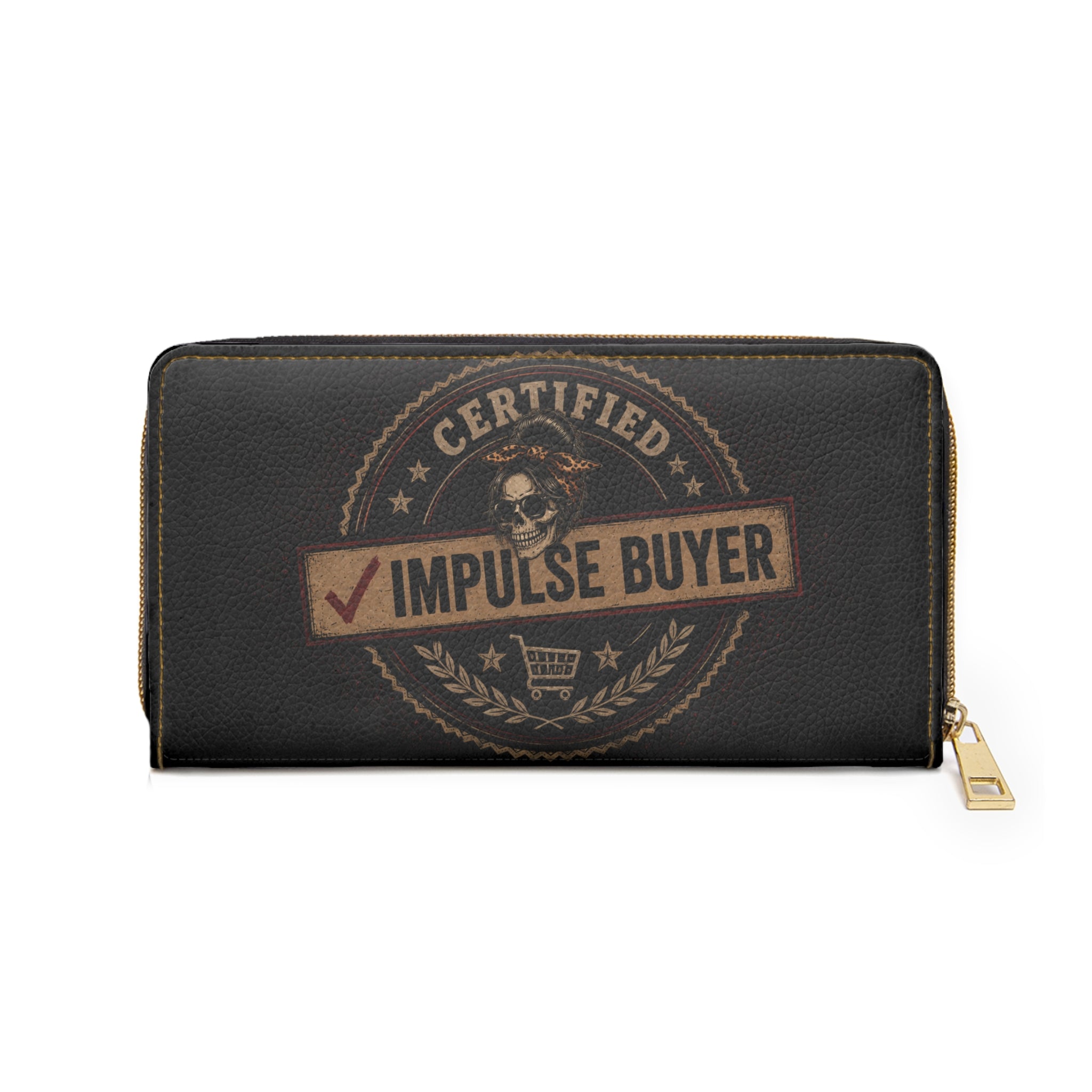 Zipper Wallet — “Professional/Certified Impulse Buyer” Skull Design