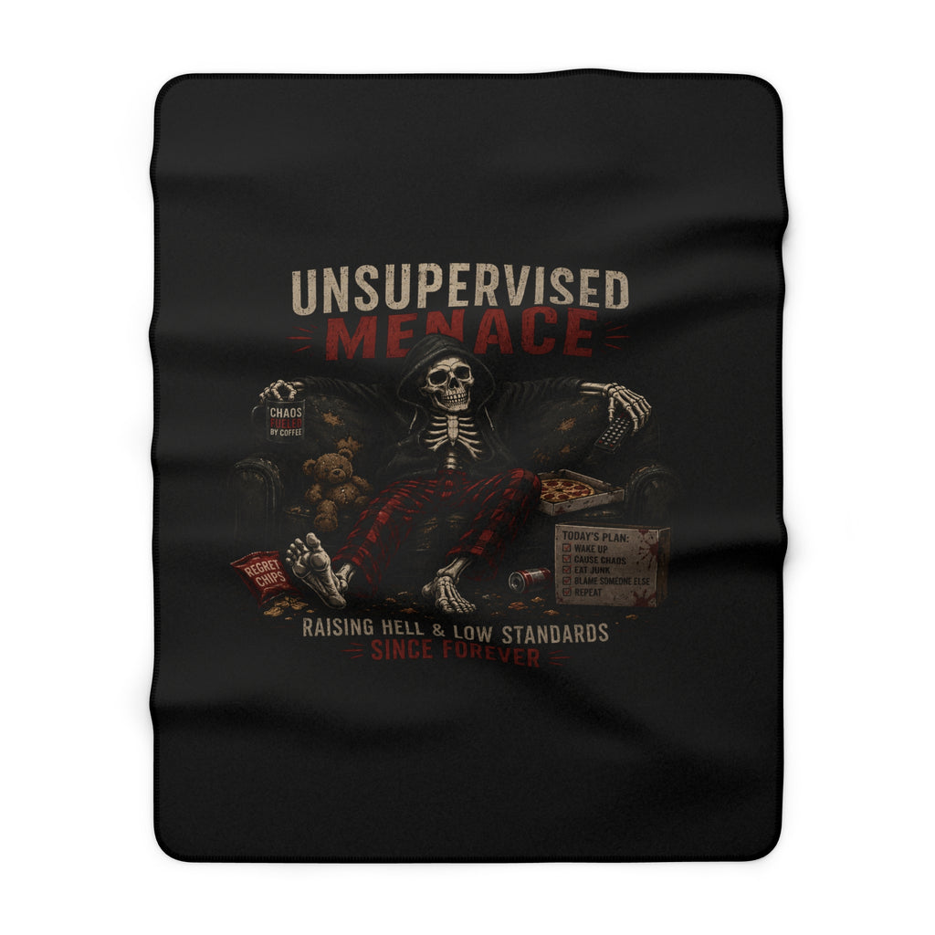 Sherpa Fleece Blanket — "Unsupervised Menace" Skeleton Lounge Throw (Cozy Gothic Gift)