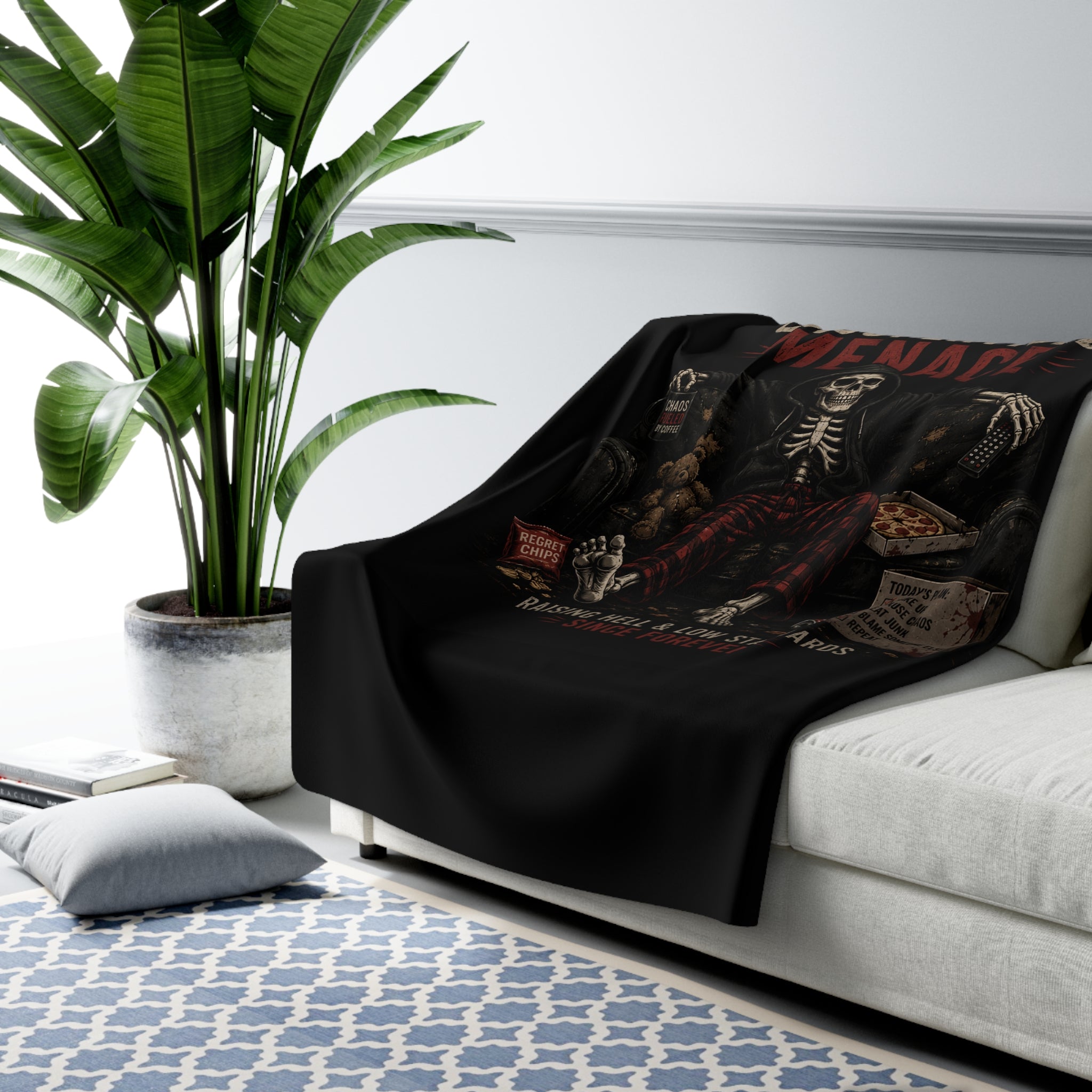 Sherpa Fleece Blanket — "Unsupervised Menace" Skeleton Lounge Throw (Cozy Gothic Gift)