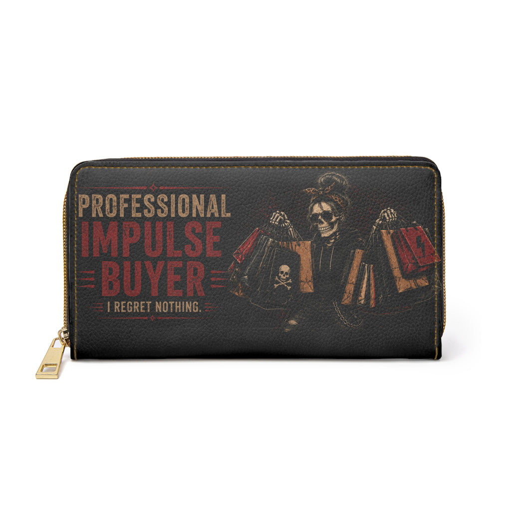 Zipper Wallet — “Professional/Certified Impulse Buyer” Skull Design