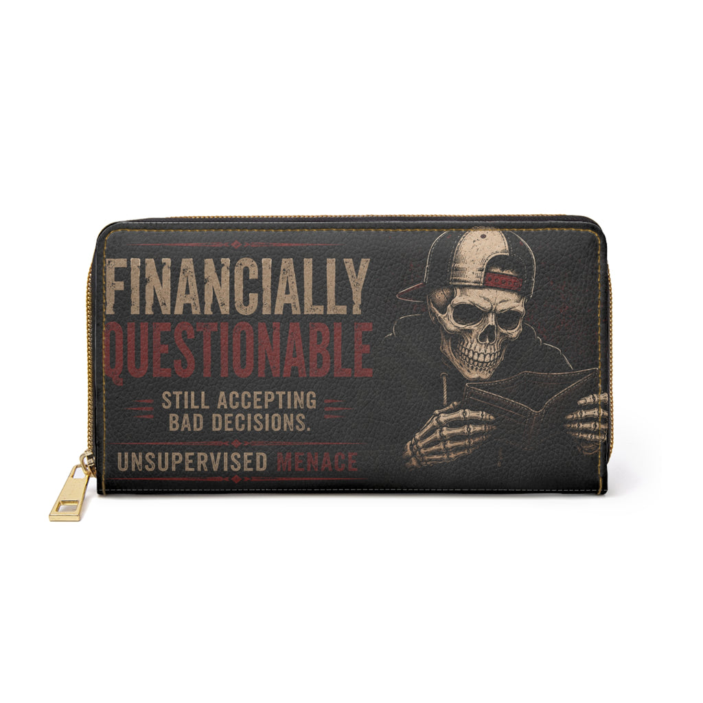 Zipper Wallet — 'Financially Questionable / Broke But Still Booking Trips' Skull Travel Wallet