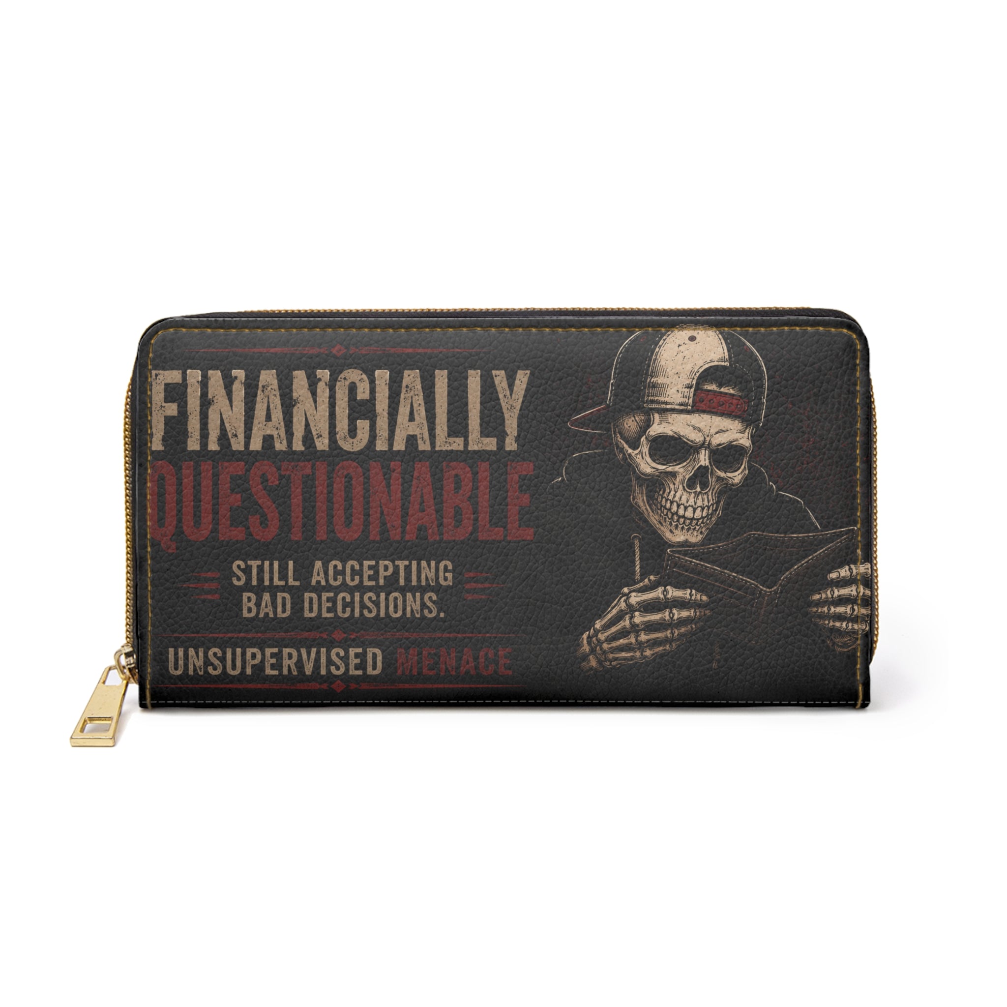 Zipper Wallet — 'Financially Questionable / Broke But Still Booking Trips' Skull Travel Wallet
