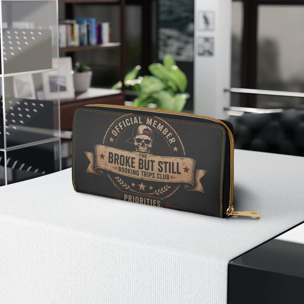 Zipper Wallet — 'Financially Questionable / Broke But Still Booking Trips' Skull Travel Wallet