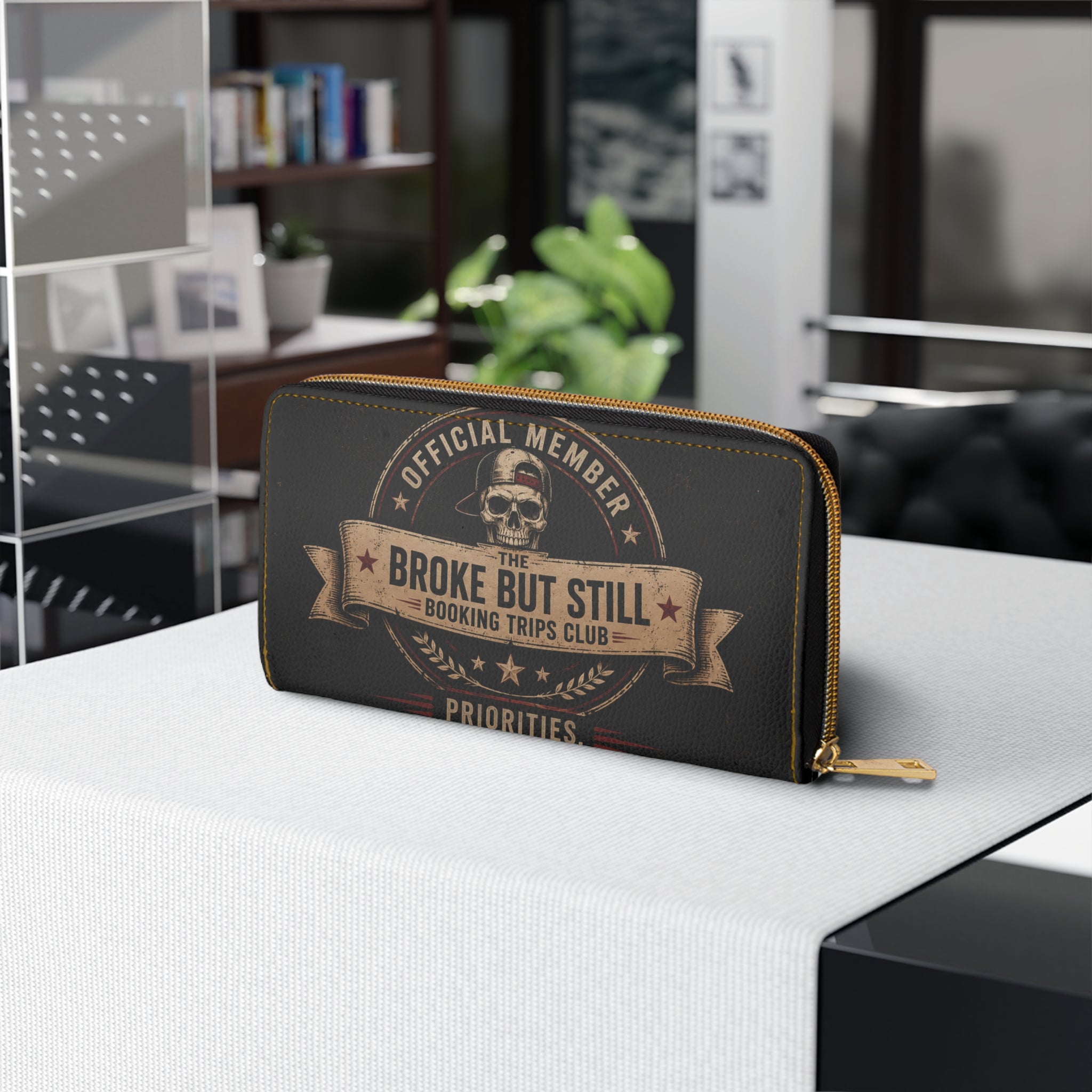 Zipper Wallet — 'Financially Questionable / Broke But Still Booking Trips' Skull Travel Wallet