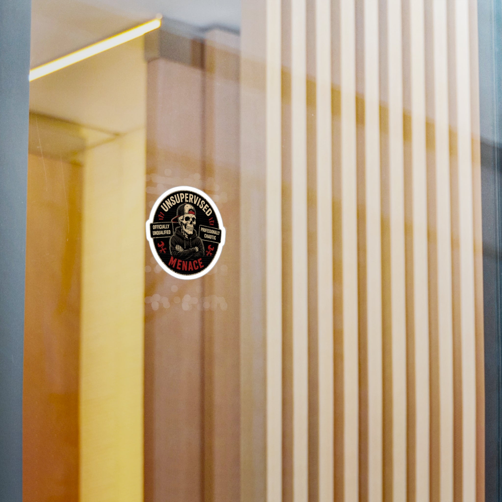 Unsupervised Menace Skull Sticker — Kiss-Cut Vinyl Decal (“Officially Unqualified, Professionally Chaotic”)