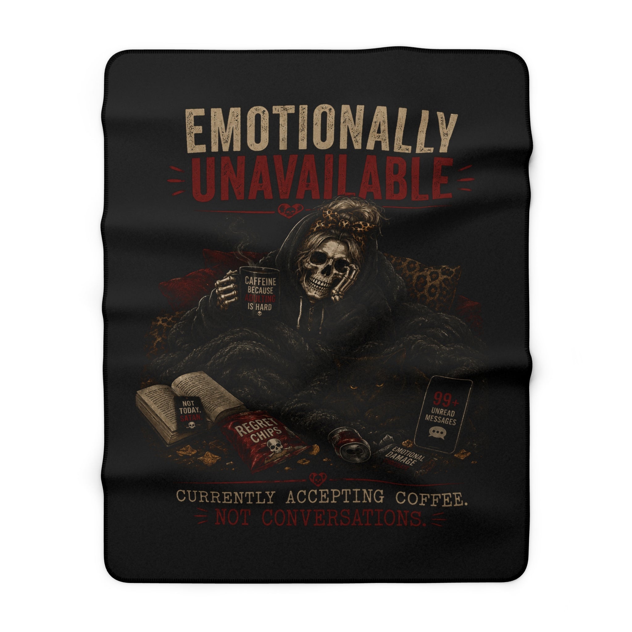 Sherpa Fleece Blanket — "Emotionally Unavailable" Skull Coffee Graphic Throw