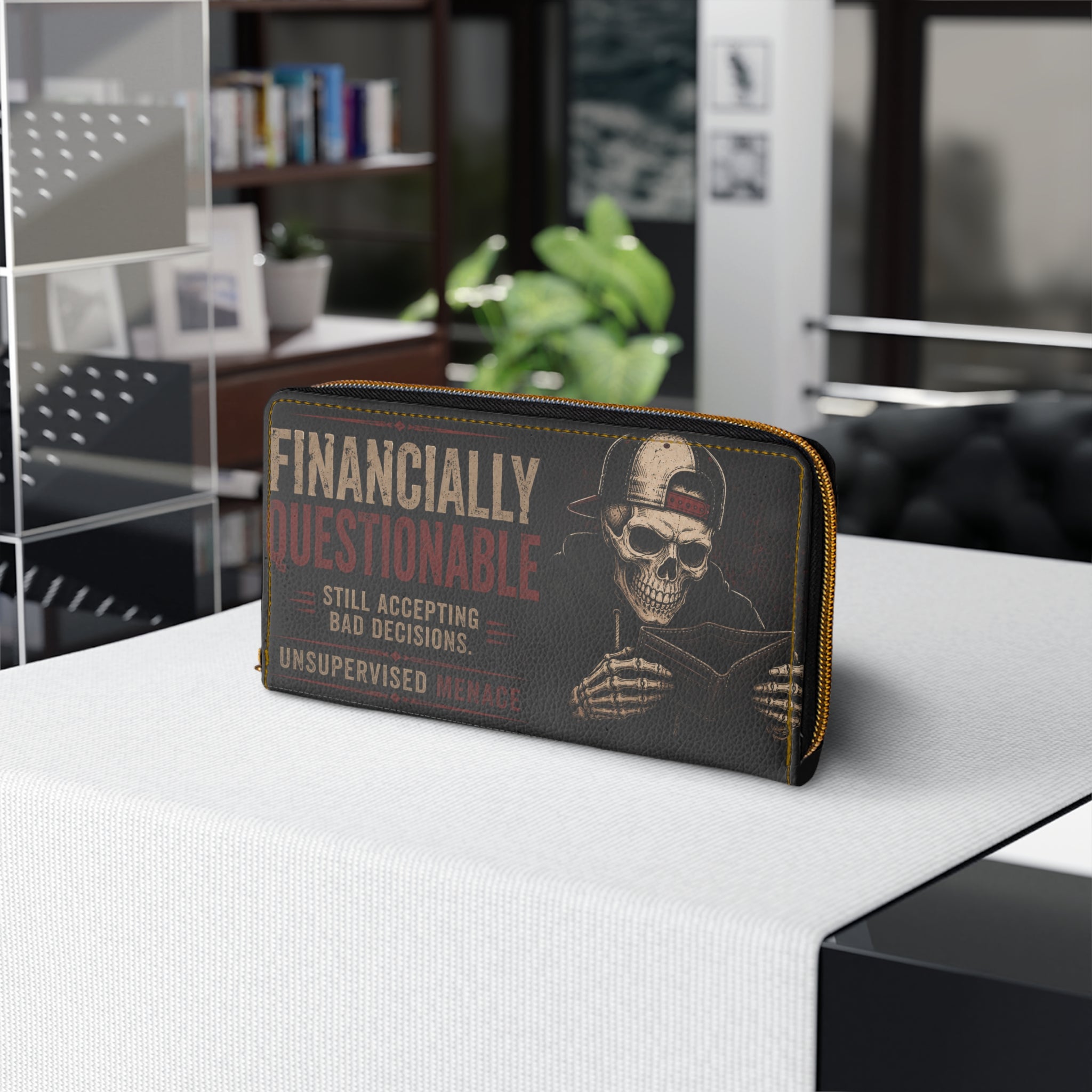 Zipper Wallet — 'Financially Questionable / Broke But Still Booking Trips' Skull Travel Wallet
