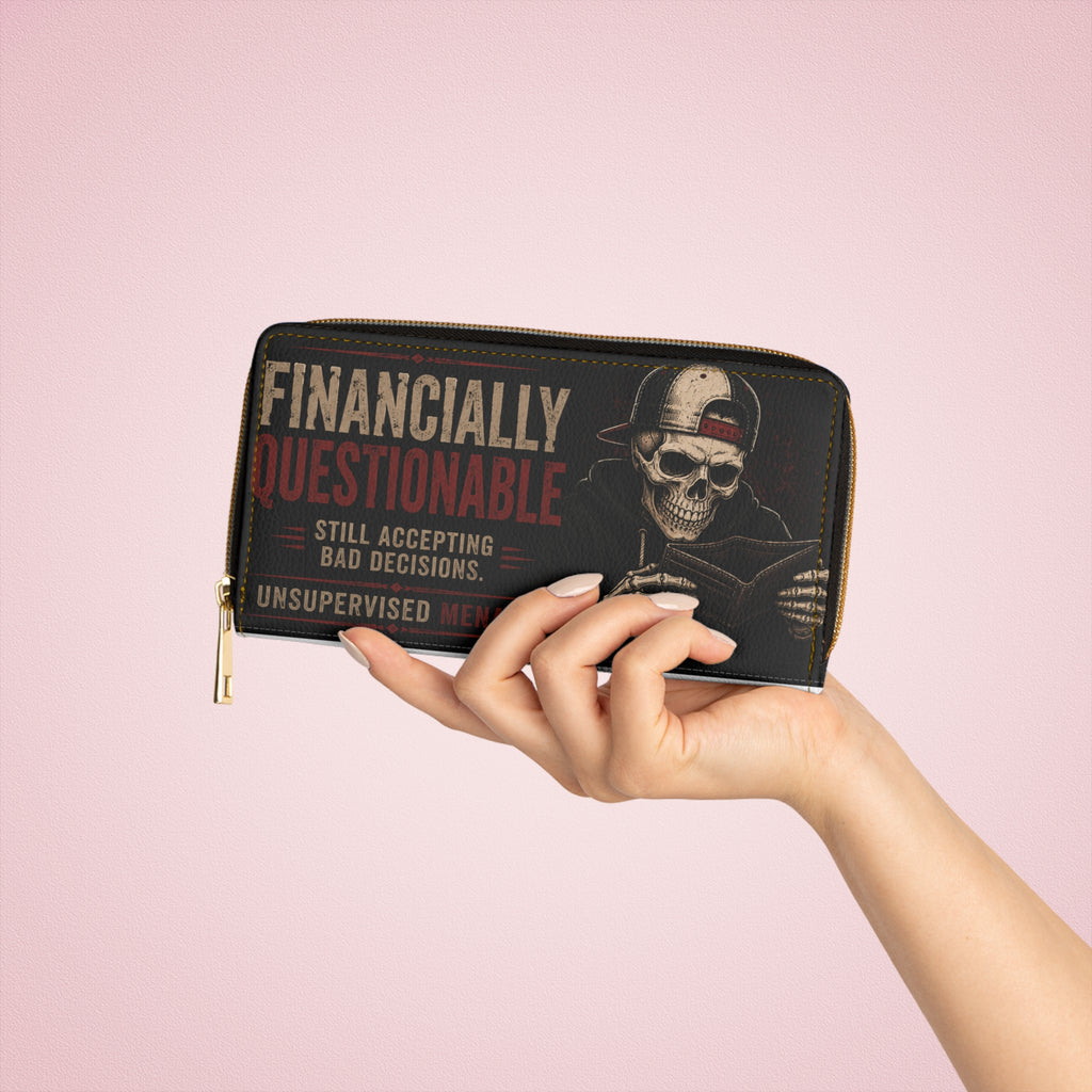 Zipper Wallet — 'Financially Questionable / Broke But Still Booking Trips' Skull Travel Wallet
